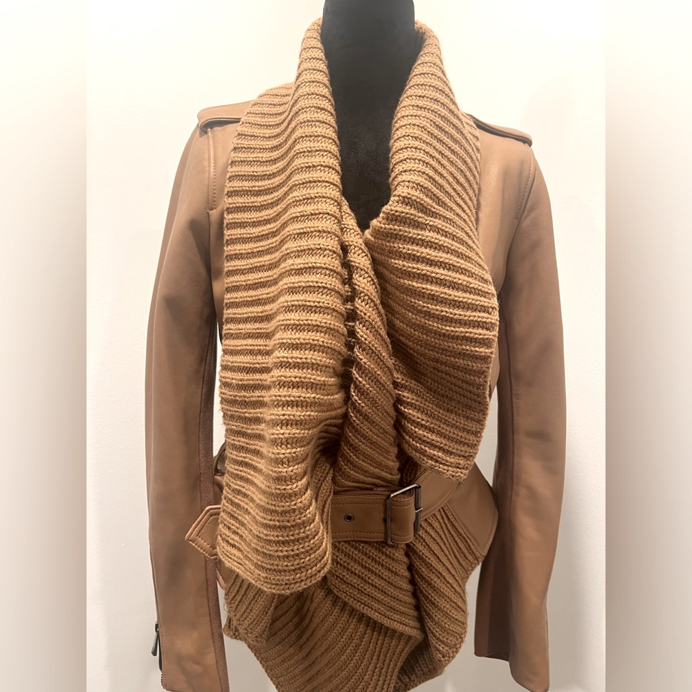 NWT‼️RARE BCBGMaxAzria Camel Leather Moto Scarf Jacket -XS FLAWLESS‼️